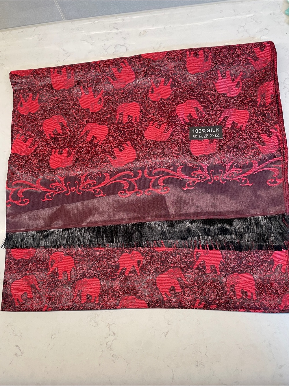 Red Elephant Jacquard Silk Scarf with Black Fringe
